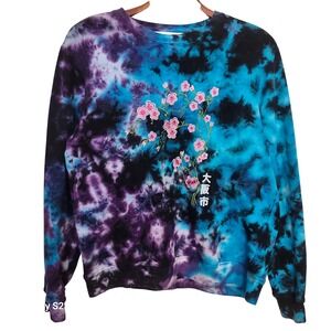 Blind Rooster Women's Large Tie Dye Sweatshirt Blue Purple Cherry Blossom Osaka
